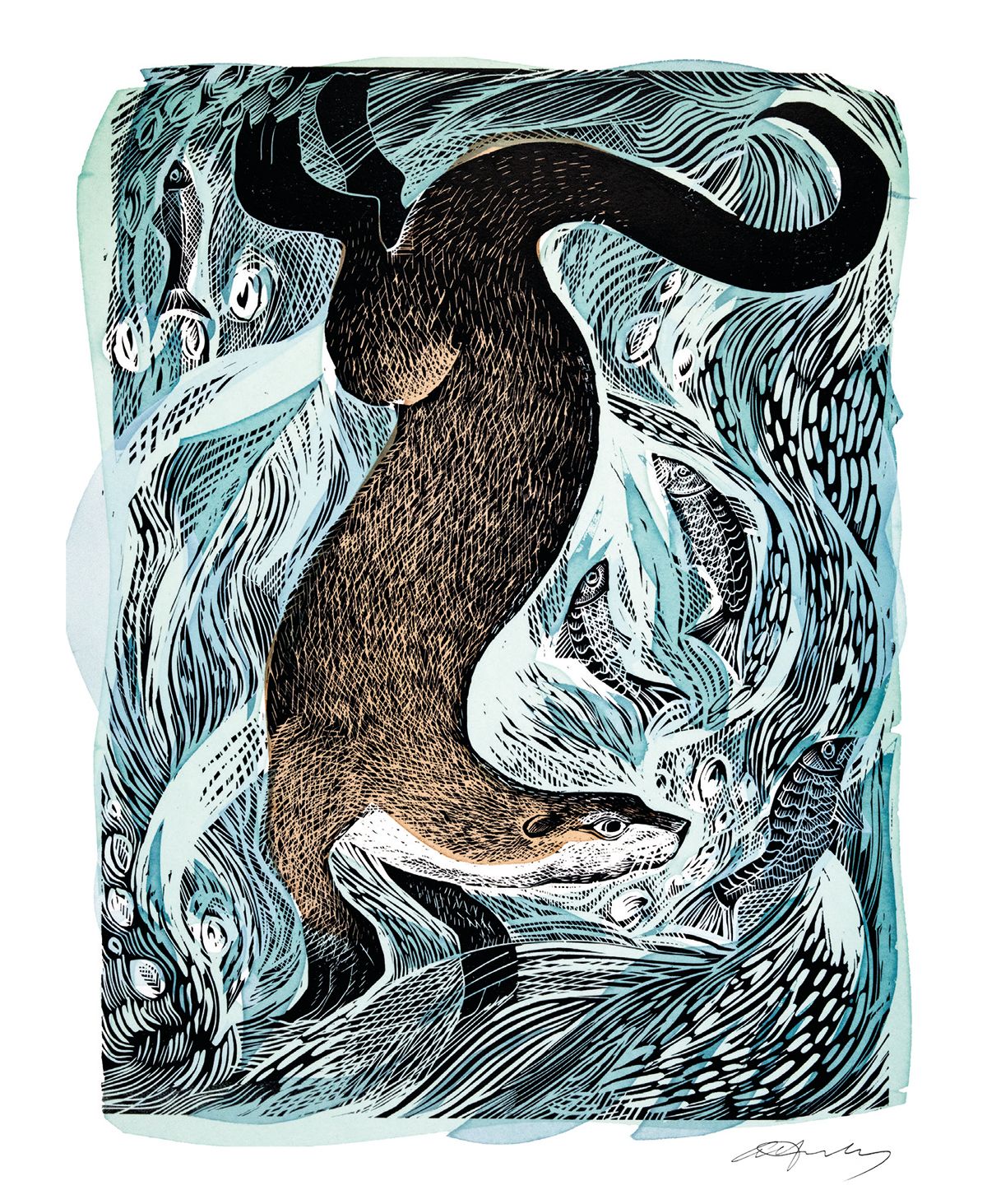 Angela Harding Fishing Otter Blank Greeting Card with Envelope - Bee's Emporium