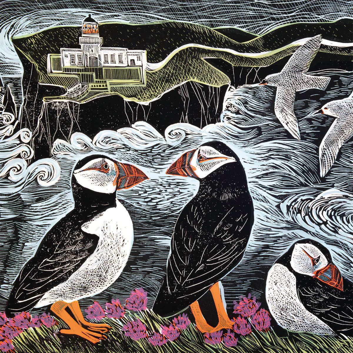 Angela Harding Fair Isle Puffins at the North Lighthouse Blank Greeting Card with Envelope - Bee's Emporium
