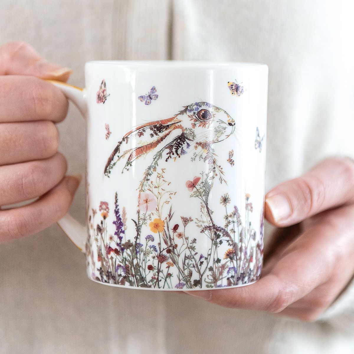 Wild Press by Helen Ahpornsiri Wildflower Hare Fine Bone China Mug - Bee's Emporium