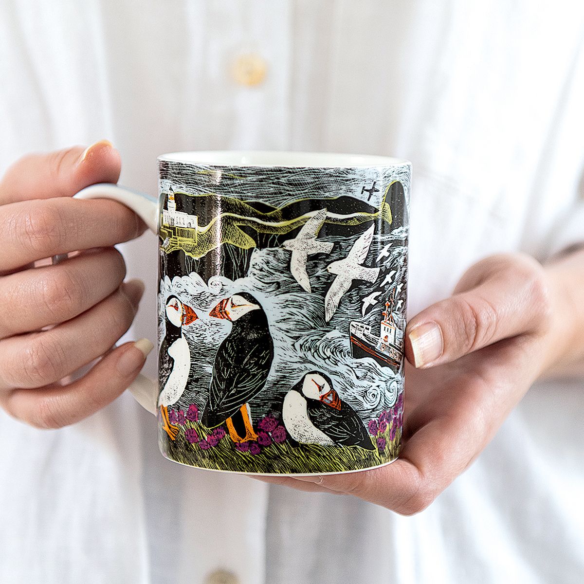 Angela Harding Fair Isle Puffins Fine Bone China Mug - Bee's Emporium