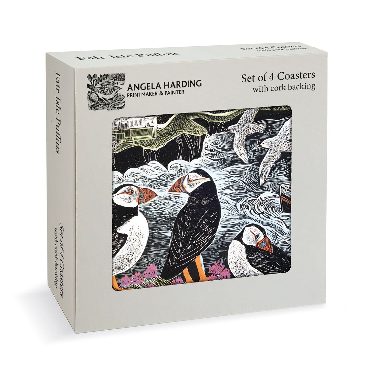 Angela Harding Fair Isle Puffins Set of 4 Cork Backed Coasters