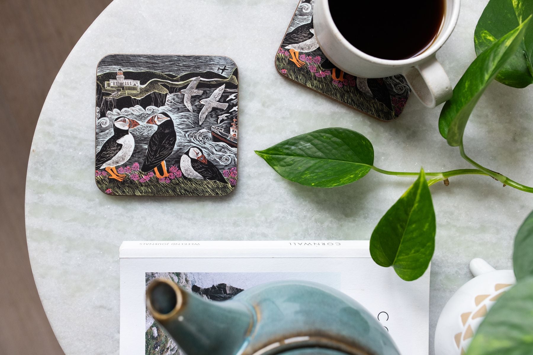 Angela Harding Fair Isle Puffins Set of 4 Cork Backed Coasters