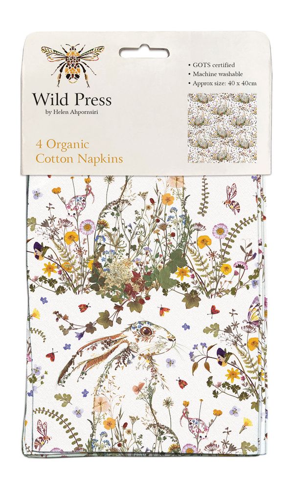 Wild Press Wildflower Hare by Helen Ahpornsiri Pack of 4 Organic Cotton Napkins - Bee's Emporium