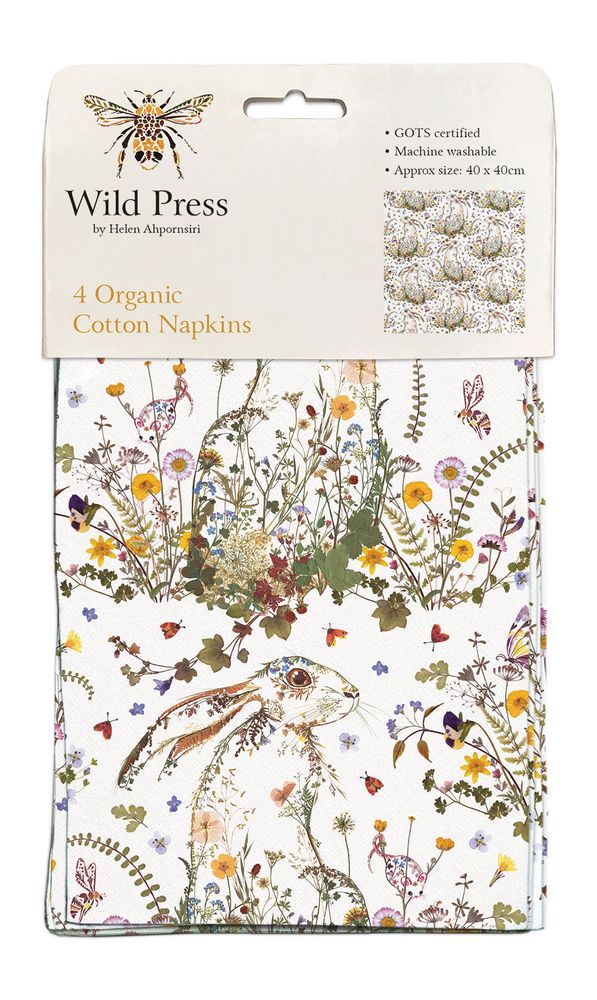 Wild Press Wildflower Hare by Helen Ahpornsiri Pack of 4 Organic Cotton Napkins