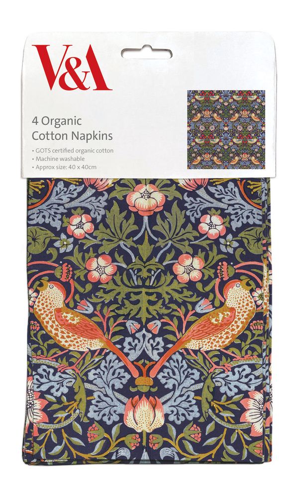 V&A William Morris Strawberry Thief Pack of 4 Organic Cotton Napkins - Bee's Emporium