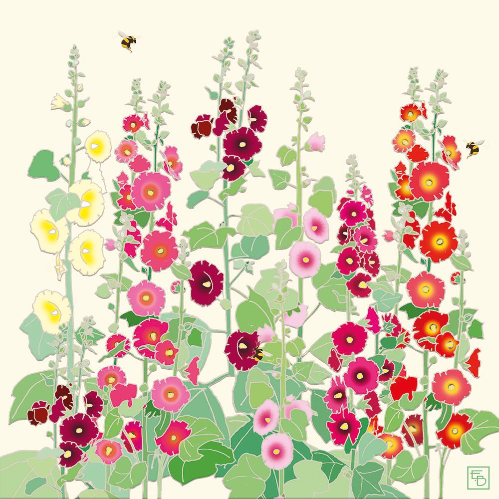 Hollyhocks by Emily Burningham Blank Greeting Card with Envelope - Bee's Emporium