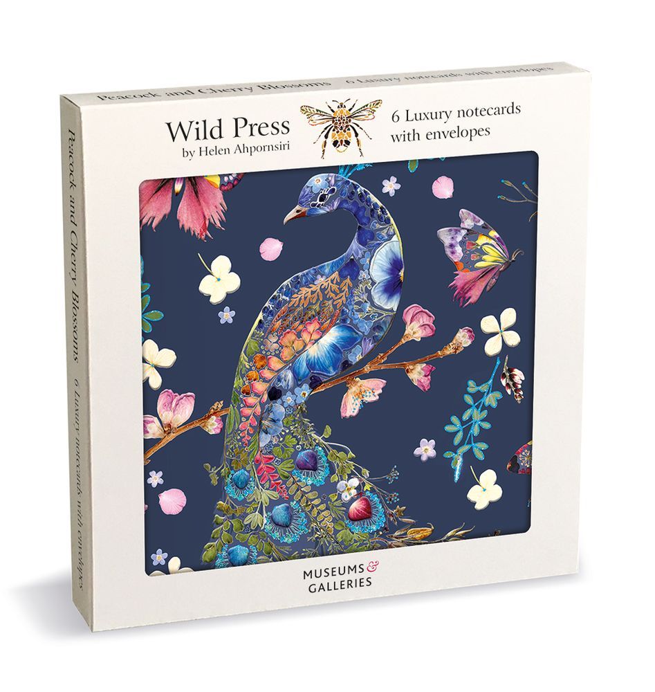 Wild Press - Helen Ahpornsiri Peacock & Cherry Blossom 6 Luxury Square Notecards Wallet - Bee's Emporium