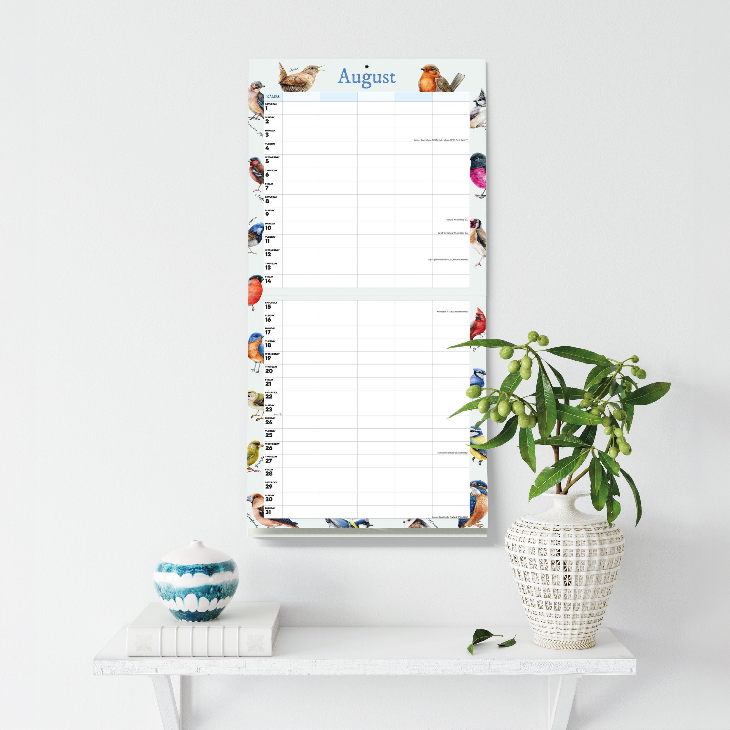 Garden Birds Illustrated Family Organiser - 2026 Square Wall Calendar - Bee's Emporium