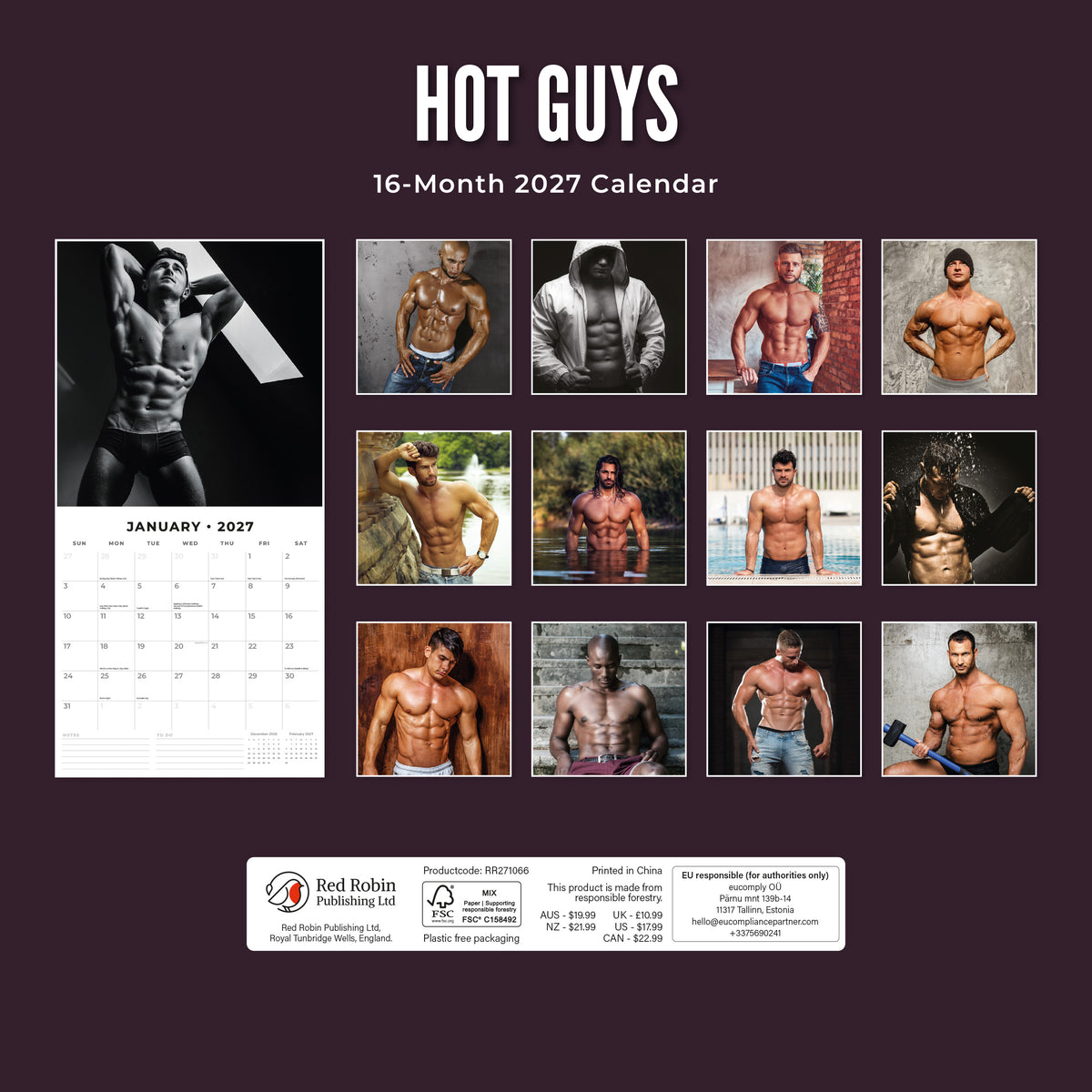Hot Guys 2027 Square Wall Calendar
