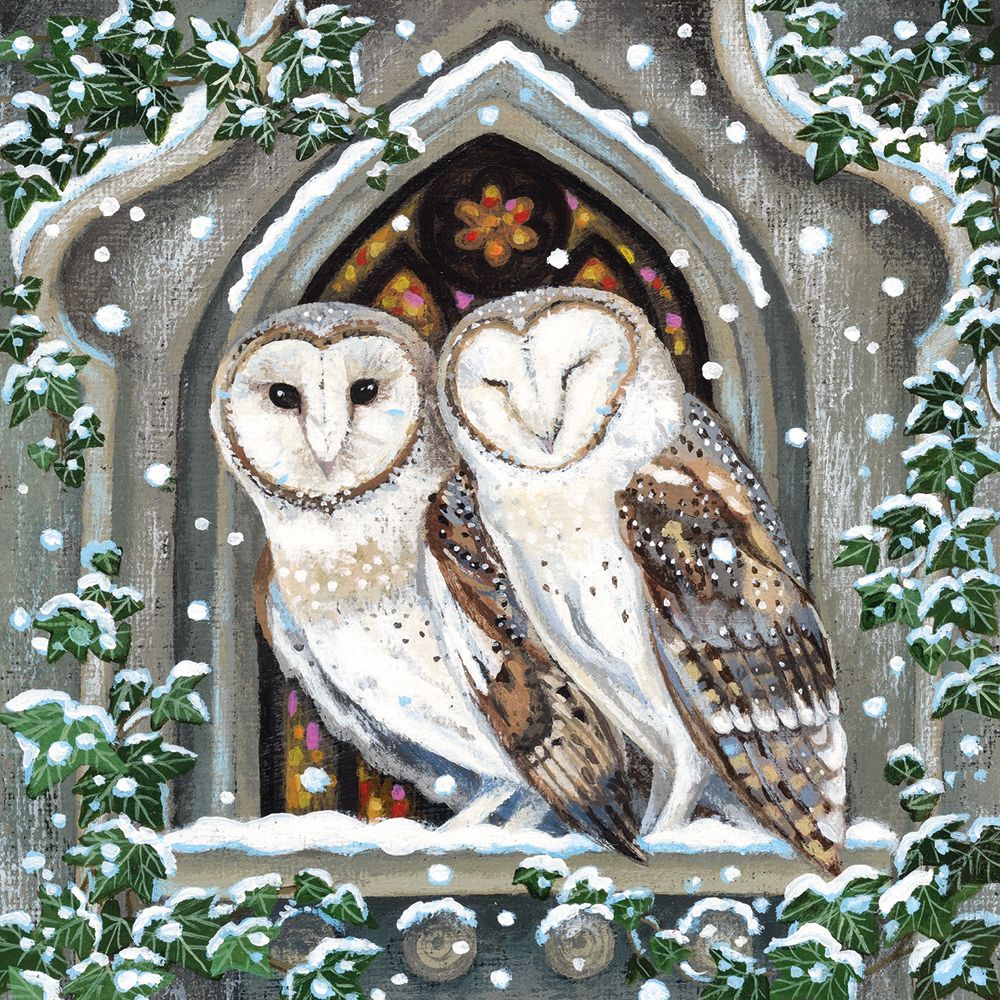 Owls in a Church Window by Lucy Grossmith Pack of 8 Charity Christmas Cards - Bee's Emporium
