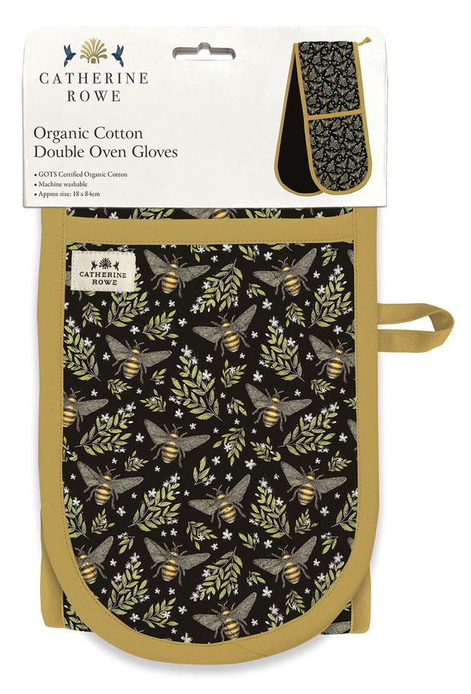 Catherine Rowe Honey Bee Pattern Organic Cotton Double Oven Gloves - Bee's Emporium