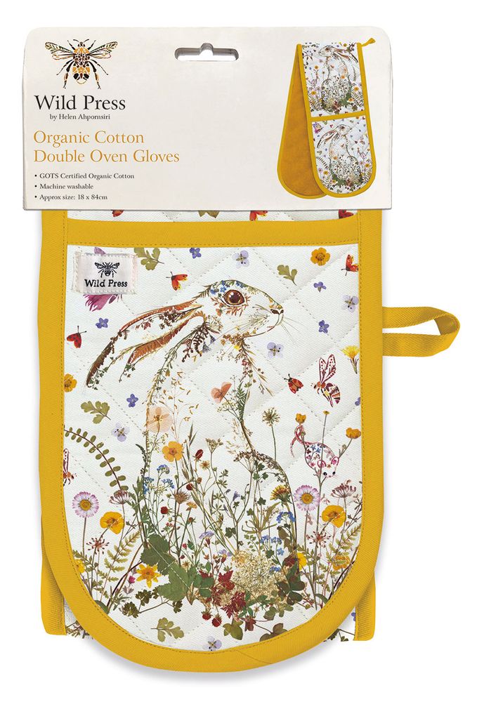 Wild Press Wildflower Hare by Helen Ahpornsiri Organic Cotton Double Oven Gloves