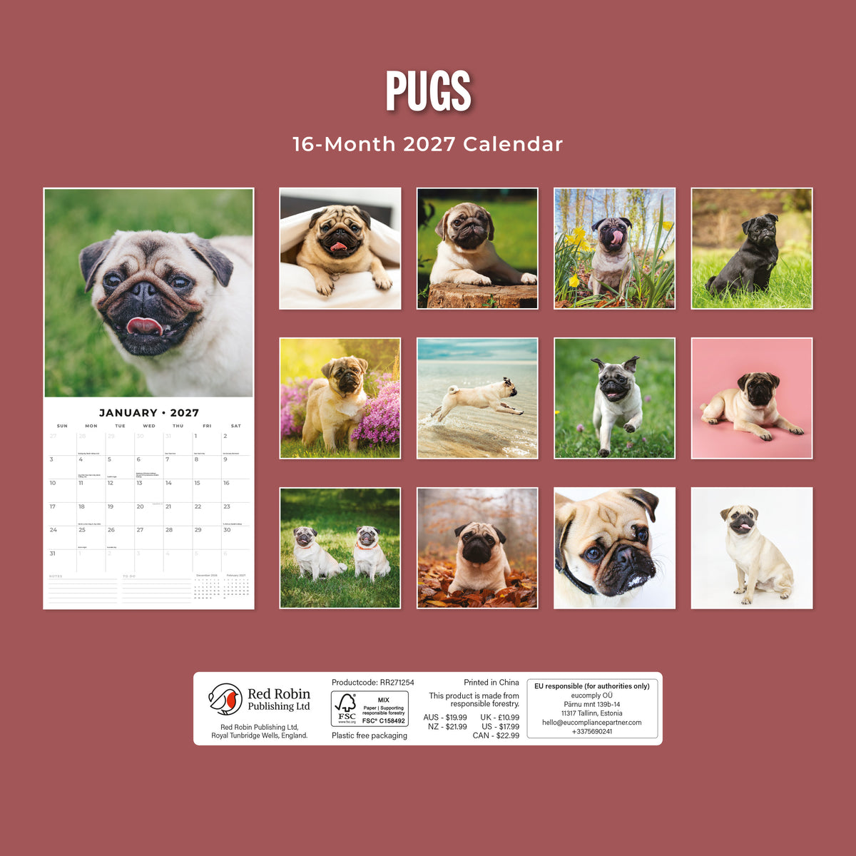 Pugs 2027 Square Wall Calendar