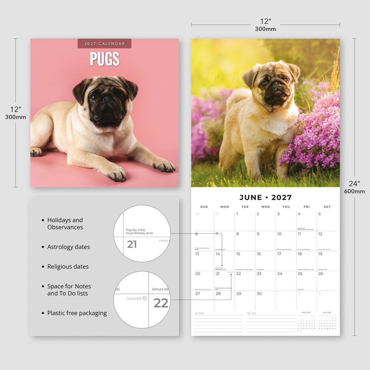 Pugs 2027 Square Wall Calendar