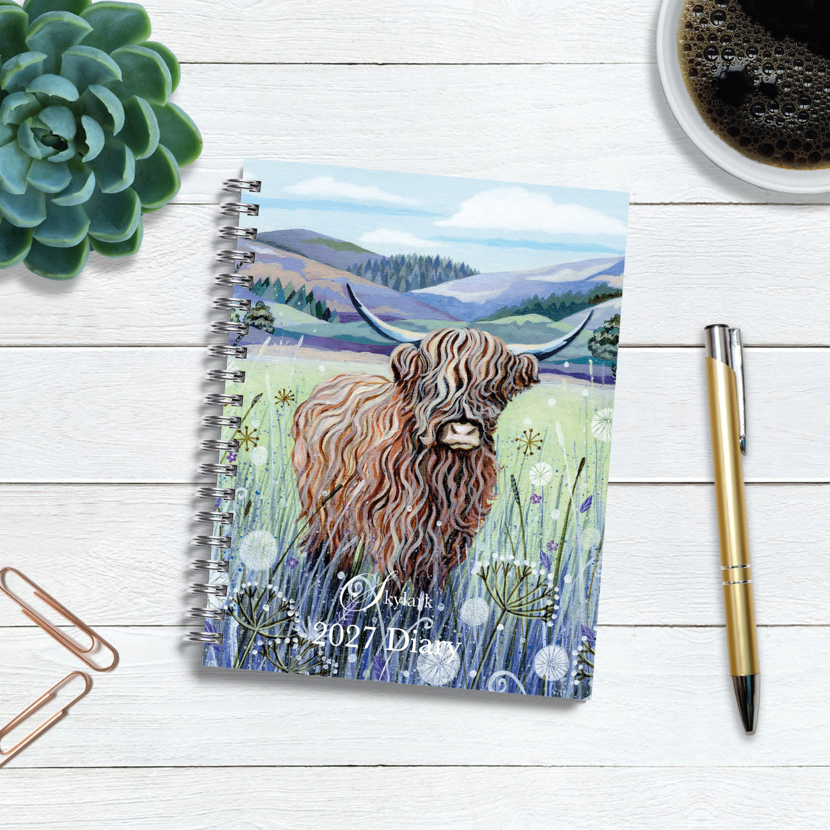 Skylark - Highland Cow by Lucy Grossmith 2027 A5 Spiral Diary