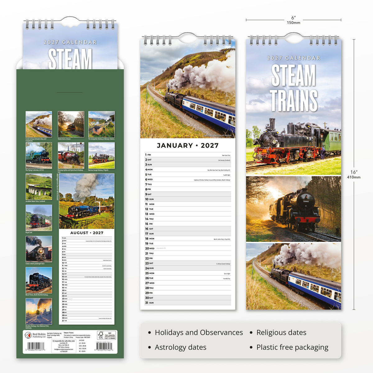 Steam Trains 2027 Slim Wall Calendar