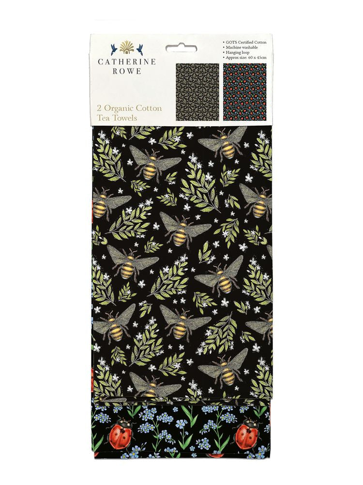 Catherine Rowe Honey Bee Pattern & Ladybirds Set of 2 Organic Cotton Tea Towels - Bee's Emporium