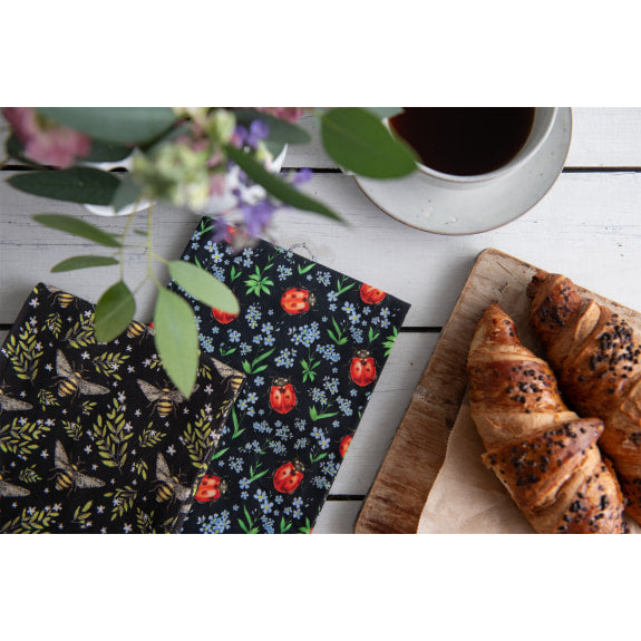 Catherine Rowe Honey Bee Pattern & Ladybirds Set of 2 Organic Cotton Tea Towels - Bee's Emporium