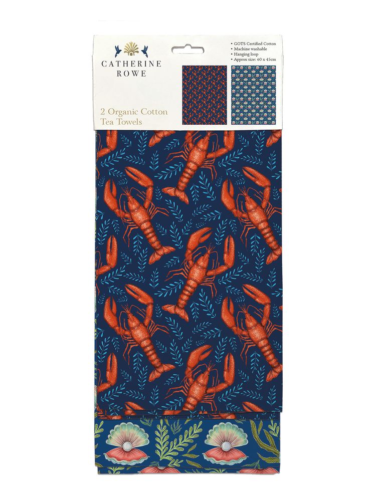 Catherine Rowe Lobsters & Oysters Set of 2 Organic Cotton Tea Towels