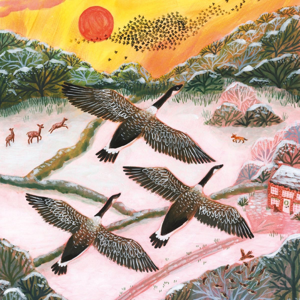 Geese Over Snowy Fields by Lee Foster Wilson Pack of 5 Charity Christmas Cards