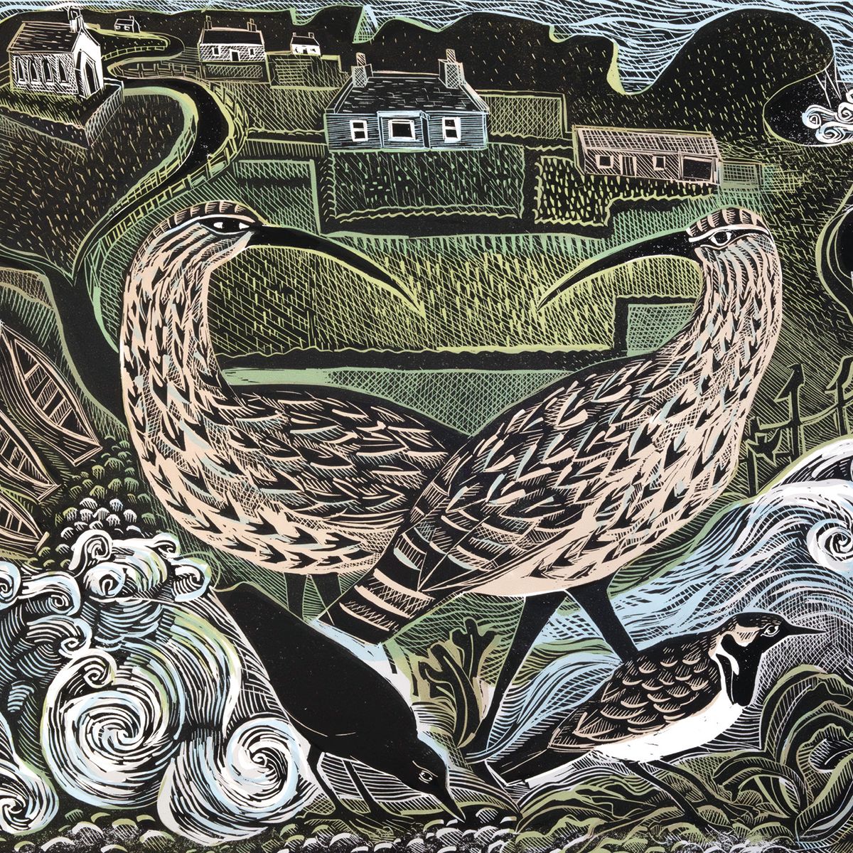 Angela Harding Fair Isle Curlews & The South Lighthouse Blank Greeting Card with Envelope - Bee's Emporium