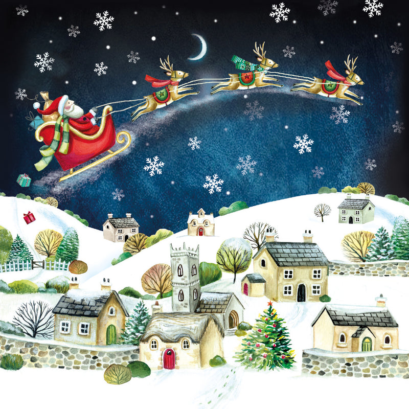 Santa over the Rooftops by Deva Evans Pack of 8 Charity Christmas Cards
