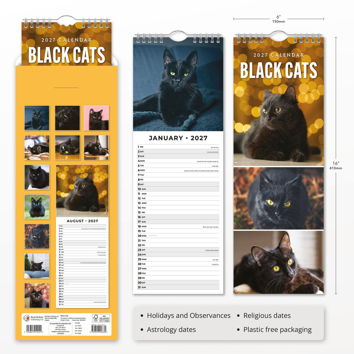 Black Cats 2027 Slim Wall Calendar