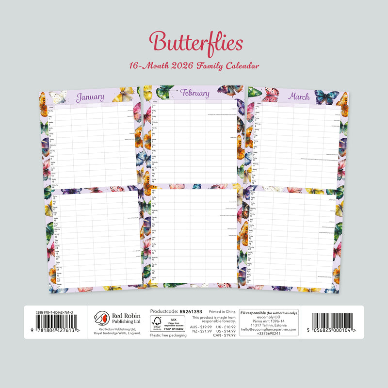 Butterflies Illustrated Family Organiser - 2026 Square Wall Calendar