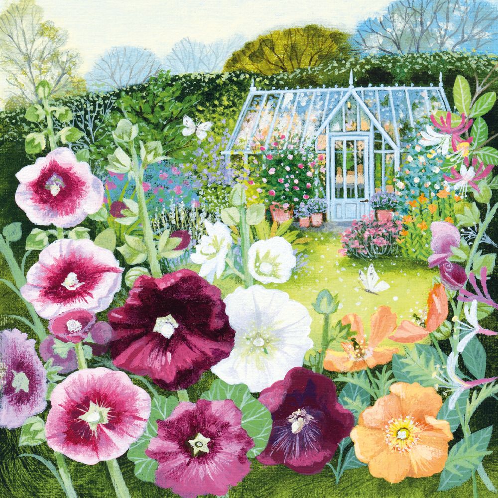 Coast and Country - Greenhouse and Hollyhocks Blank Greeting Card with Envelope - Bee's Emporium
