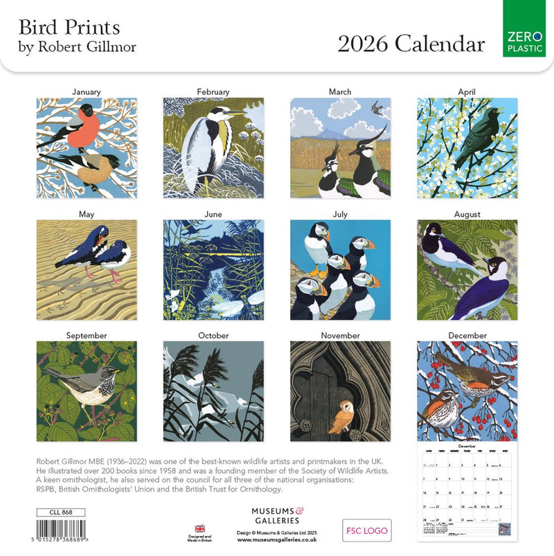 Bird Prints by Robert Gillmor 2026 Square Wall Calendar