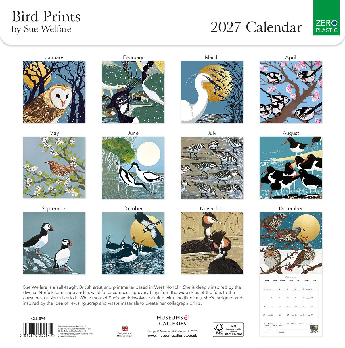 Bird Prints by Sue Welfare 2027 Square Wall Calendar