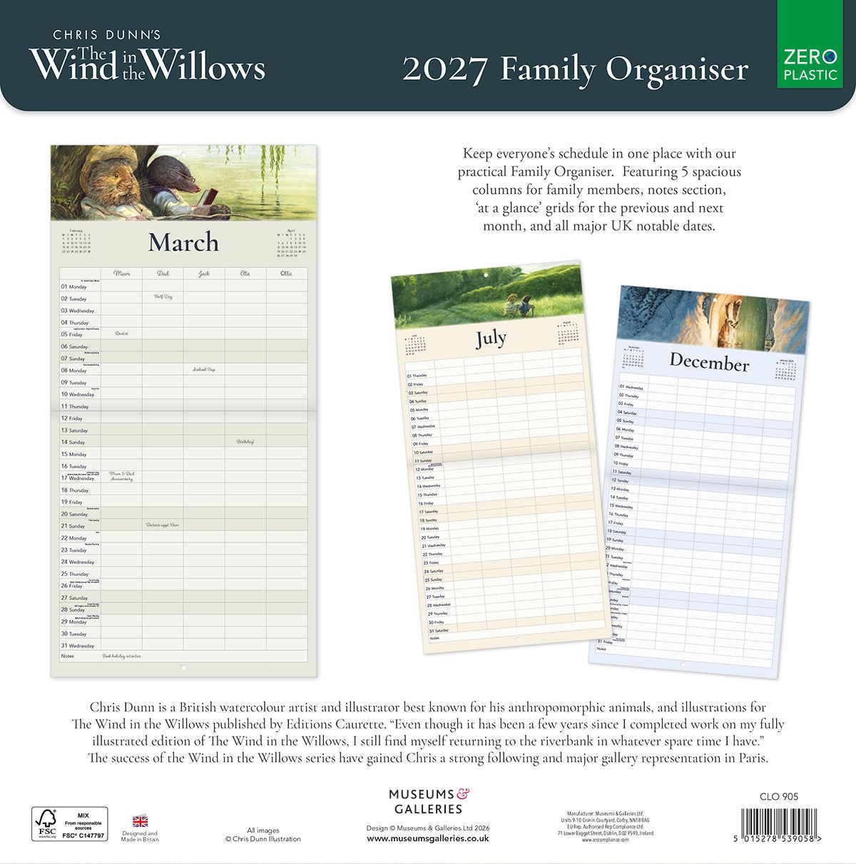 Wind in the Willows by Chris Dunn Family Organiser 2027 Square Wall Calendar