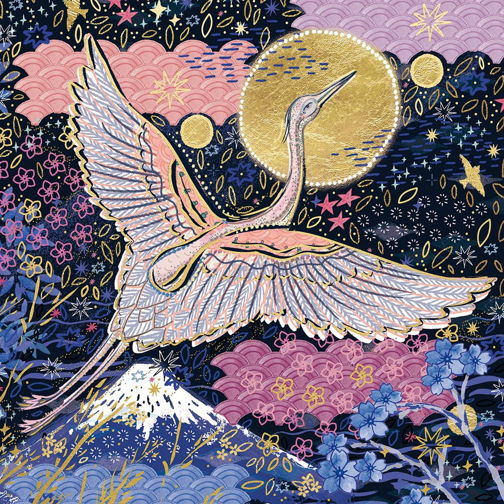 Japanese Crane in Flight by Emma Frances Grant Blank Greeting Card with Envelope - Bee's Emporium