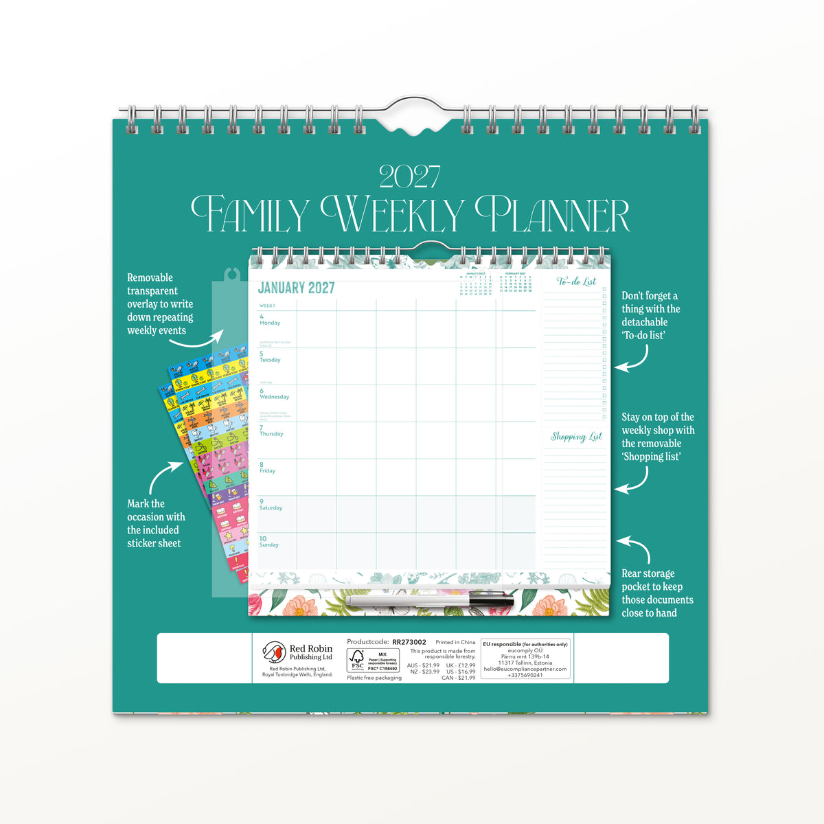 Weekly Family Planner with Pen 2027 Square Wall Calendar