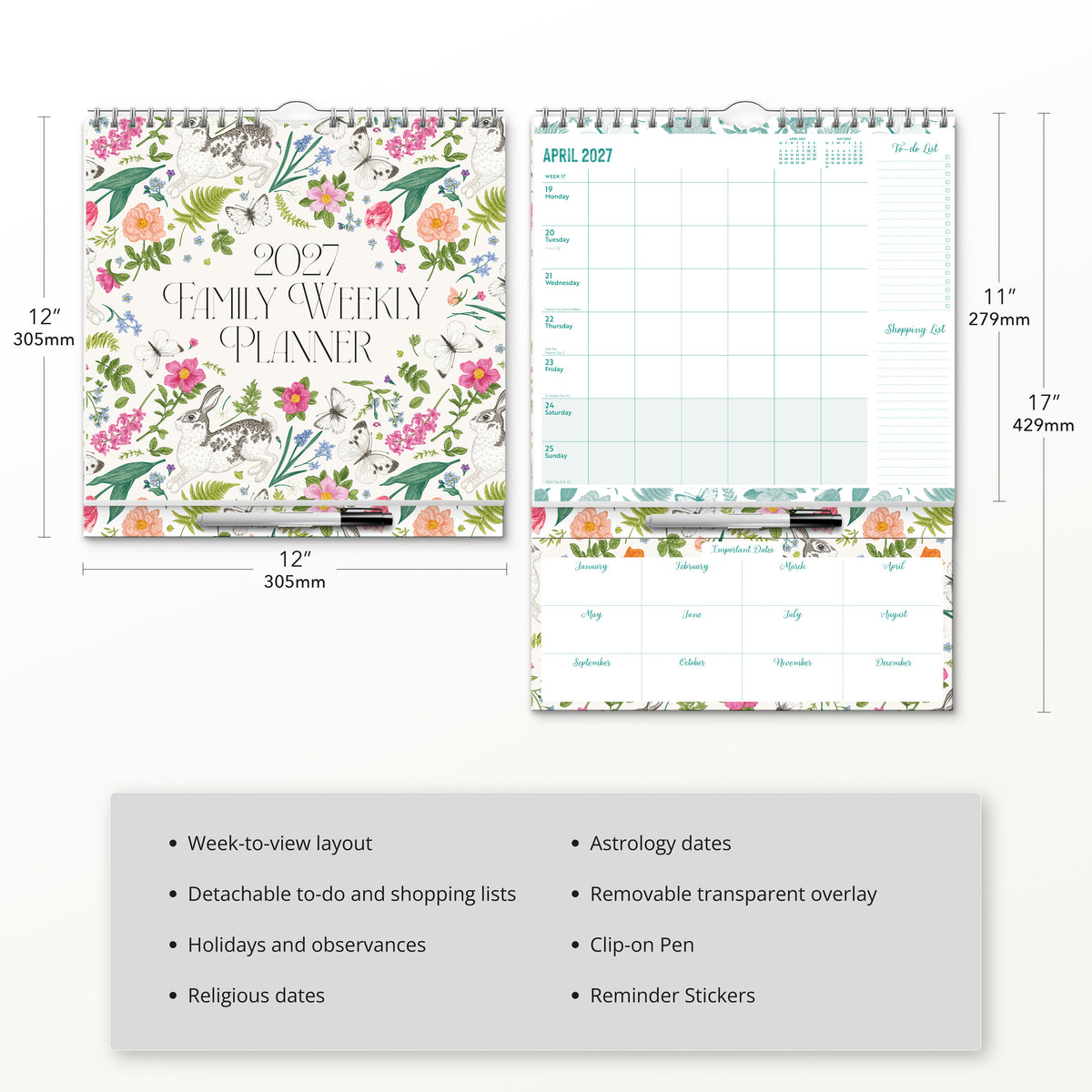 Weekly Family Planner with Pen 2027 Square Wall Calendar