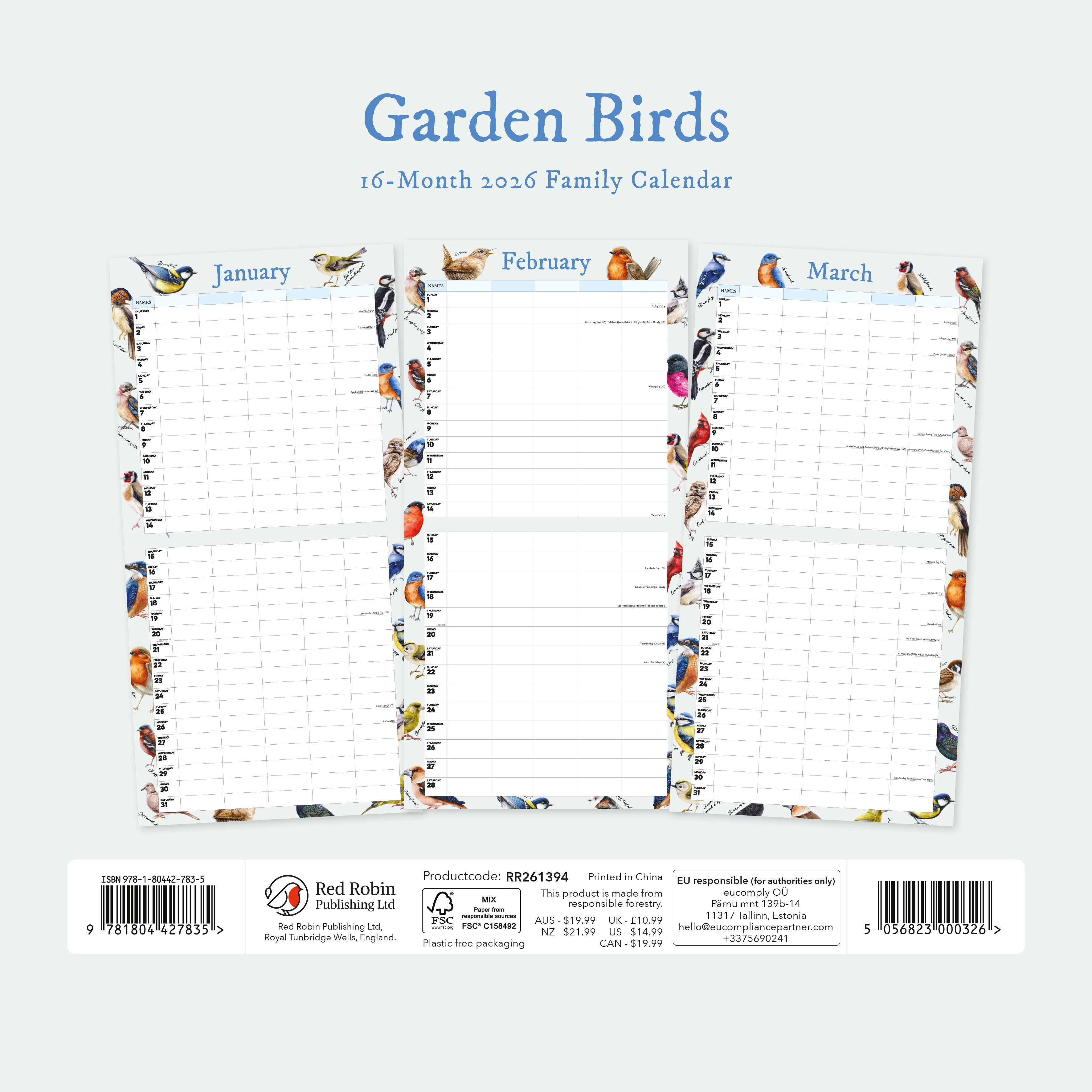 Garden Birds Illustrated Family Organiser - 2026 Square Wall Calendar - Bee's Emporium