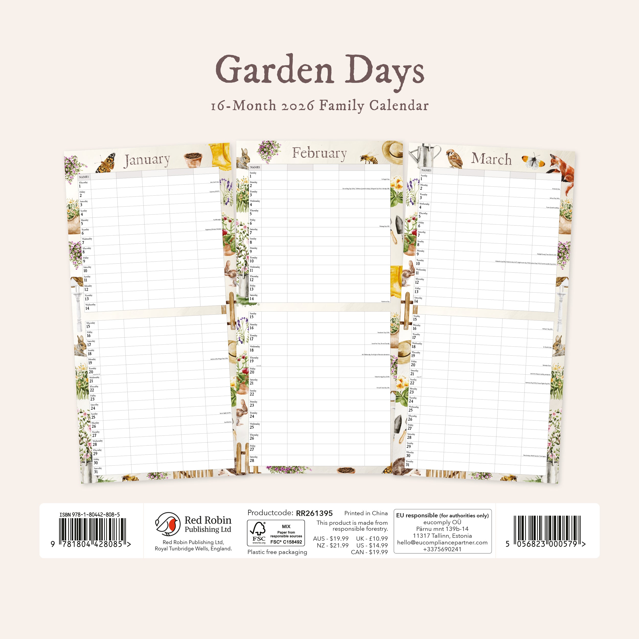 Garden Days Illustrated Family Organiser - 2026 Square Wall Calendar