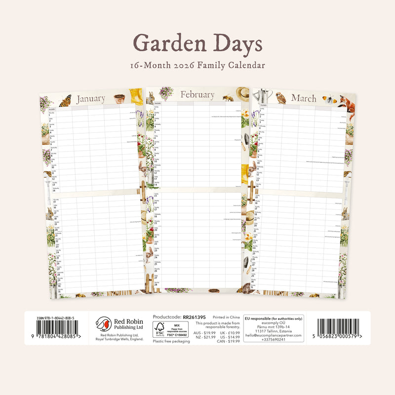 Garden Days Illustrated Family Organiser - 2026 Square Wall Calendar