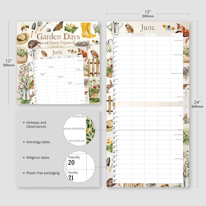 Garden Days Illustrated Family Organiser - 2026 Square Wall Calendar