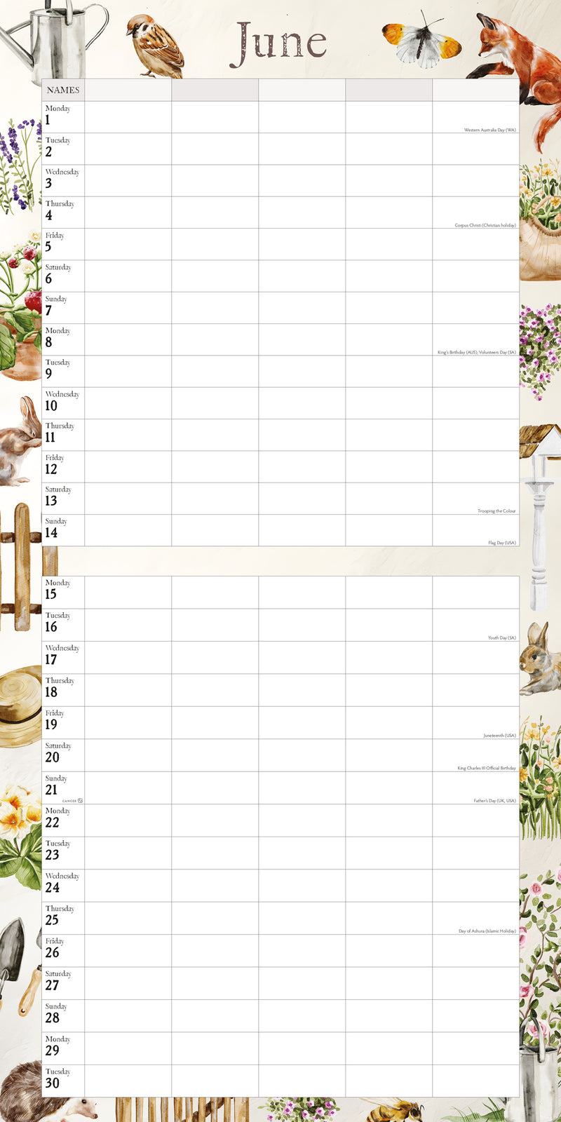 Garden Days Illustrated Family Organiser - 2026 Square Wall Calendar