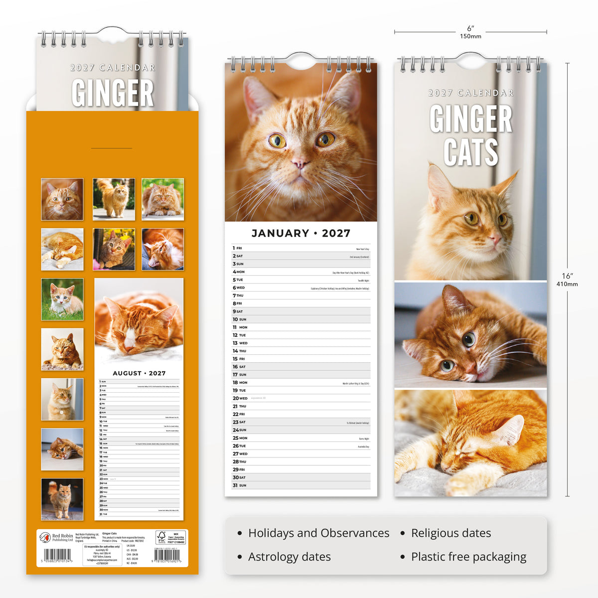 Ginger Cats 2027 Slim Wall Calendar