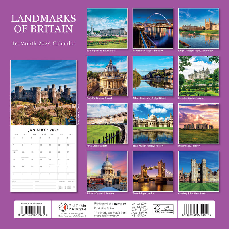 Landmarks of Britain 2024 Square Wall Calendar