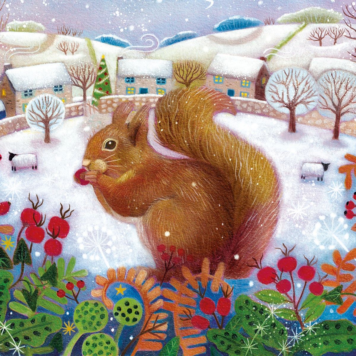 Winter Village with Squirrel by Bex Parkin Pack of 8 Charity Christmas Cards