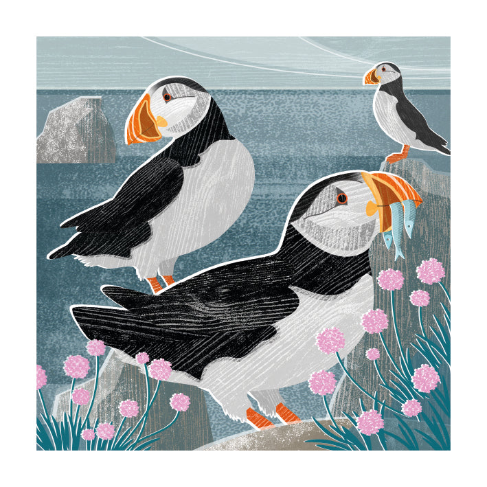 Puffins and Sea Thrift by Liane Payne Blank Greeting Card with Envelope - Bee's Emporium