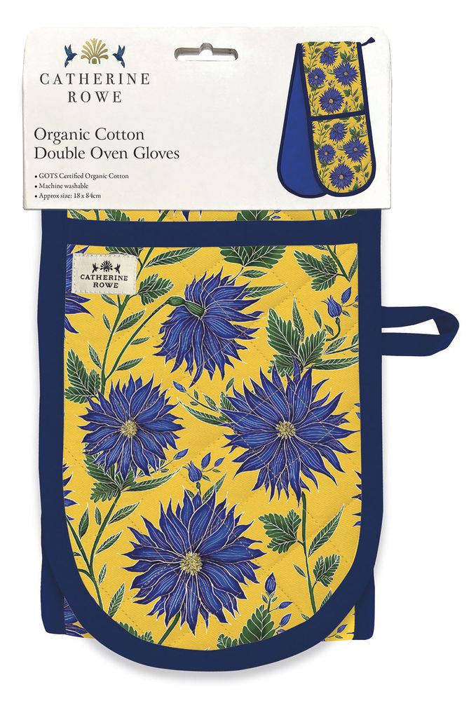Catherine Rowe Blue Flowers Organic Cotton Double Oven Gloves - Bee's Emporium