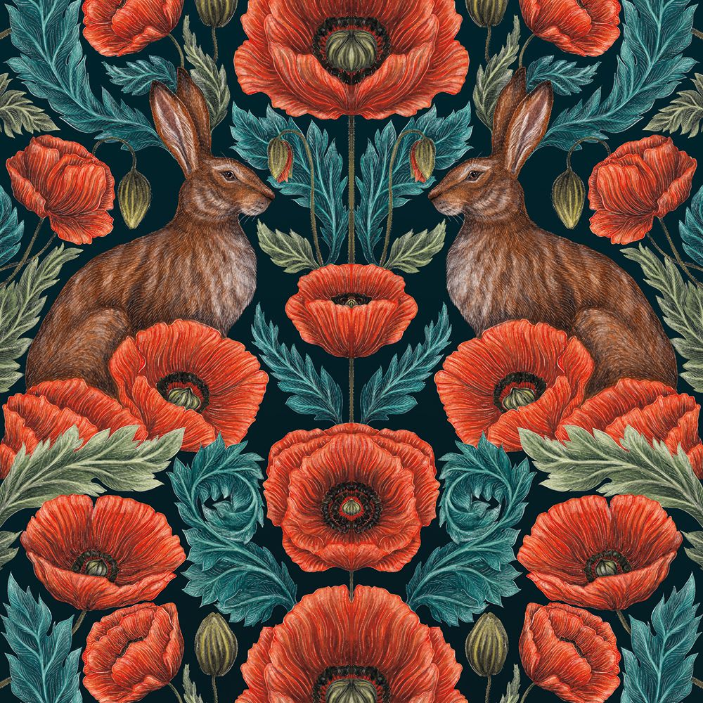 Poppy Red Hares by Catherine Rowe Blank Greeting Card with Envelope