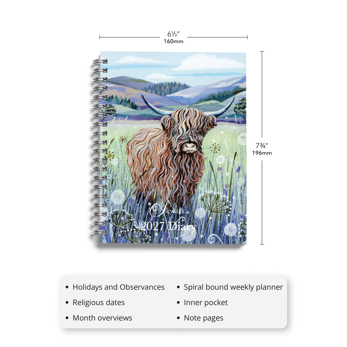 Skylark - Highland Cow by Lucy Grossmith 2027 A5 Spiral Diary