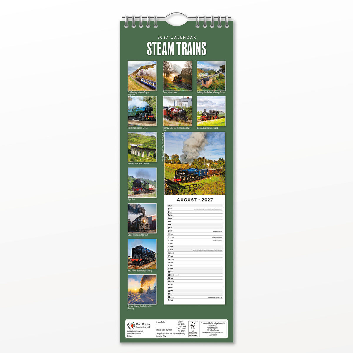 Steam Trains 2027 Slim Wall Calendar