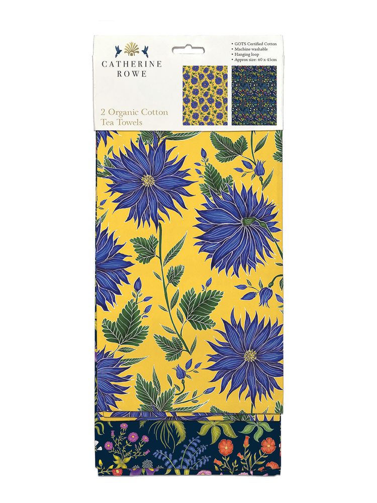 Catherine Rowe Blue Flowers & Medieval Floral Set of 2 Organic Cotton Tea Towels