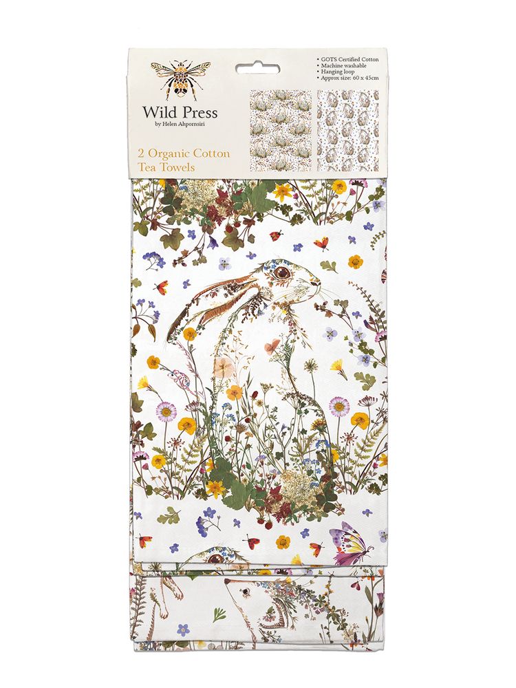 Wild Press Wildflower Hare & Hedgehogs Set of 2 Organic Cotton Tea Towels